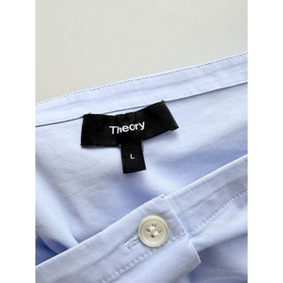 THEORY Auriana Blue Stretch Cotton Poplin Off Shoulder Button Up Shirt, Size L - Picture 12 of 15
